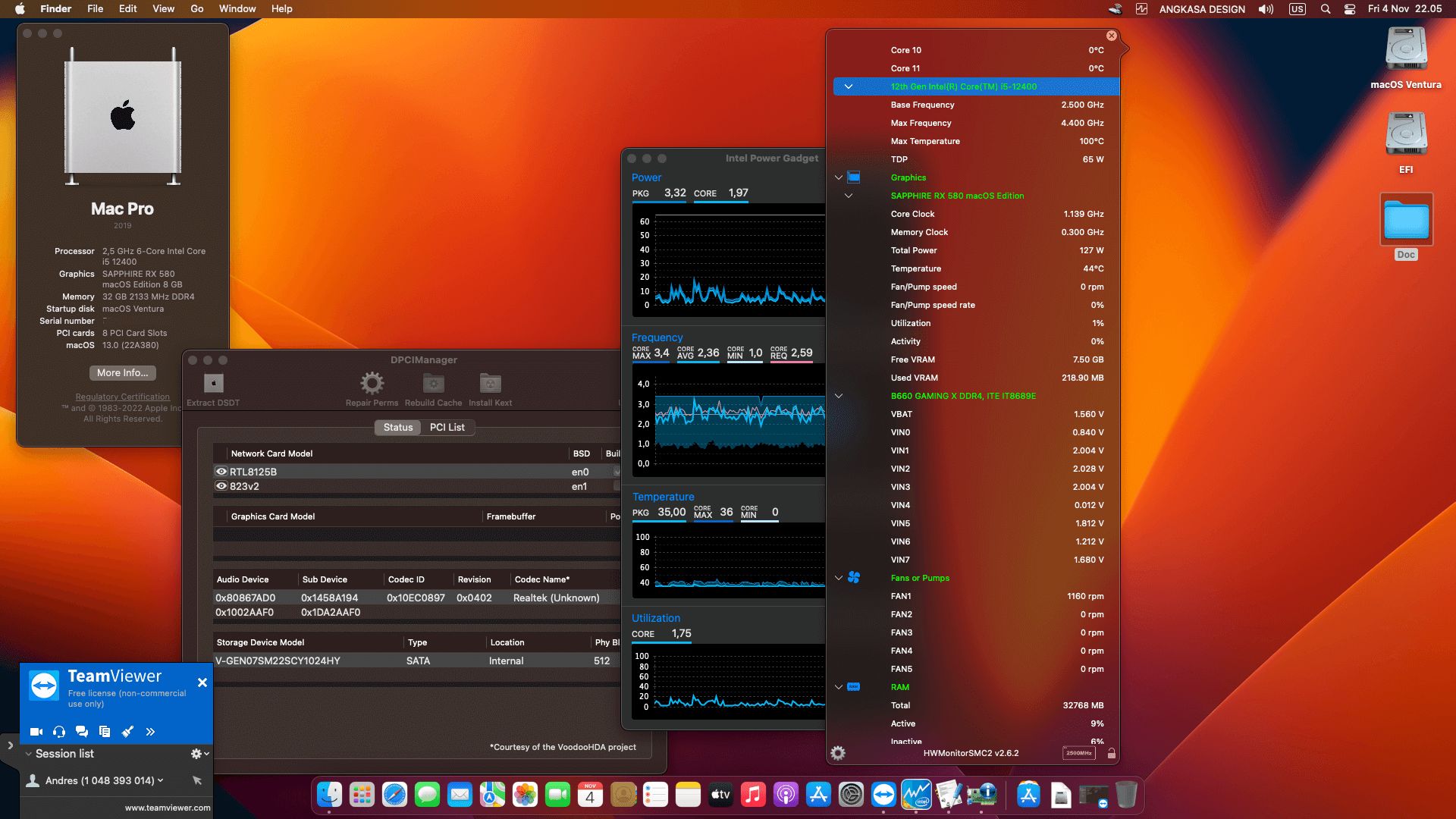 Success Hackintosh macOS Ventura 13.0 Build 22A380 in Gigabyte B660 Gaming X + Intel Core i5 12400 + Sapphire RX 580
